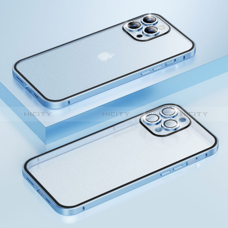 Schutzhülle Luxus Metall Rahmen und Kunststoff Schutzhülle Tasche Bling-Bling LF1 für Apple iPhone 13 Pro Blau