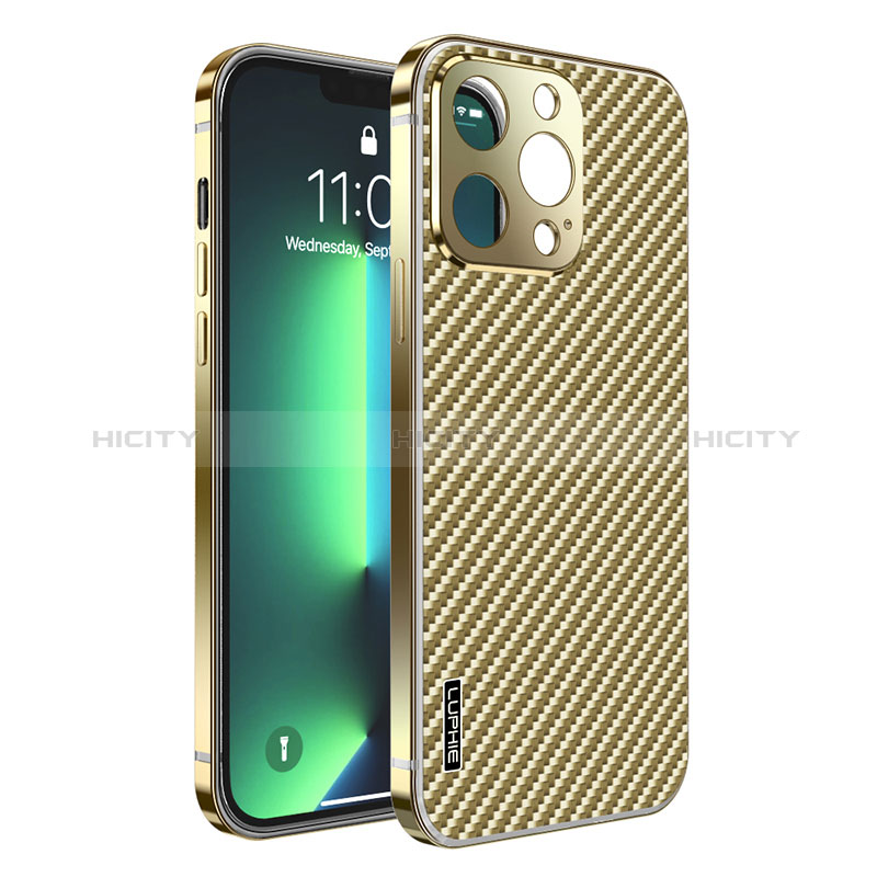 Schutzhülle Luxus Metall Rahmen und Kunststoff Schutzhülle Tasche LF6 für Apple iPhone 13 Pro Max Gold Plus