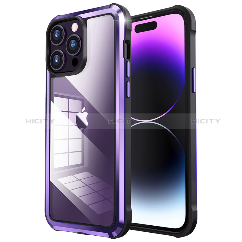 Schutzhülle Luxus Metall Rahmen und Kunststoff Schutzhülle Tasche LF6 für Apple iPhone 14 Pro Max Violett Plus