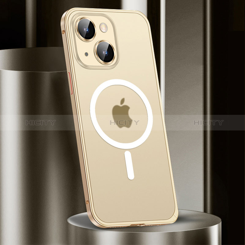 Schutzhülle Luxus Metall Rahmen und Kunststoff Schutzhülle Tasche mit Mag-Safe Magnetic Magnetisch JL2 für Apple iPhone 13 Gold Plus