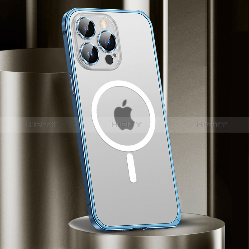 Schutzhülle Luxus Metall Rahmen und Kunststoff Schutzhülle Tasche mit Mag-Safe Magnetic Magnetisch JL2 für Apple iPhone 13 Pro Max Blau