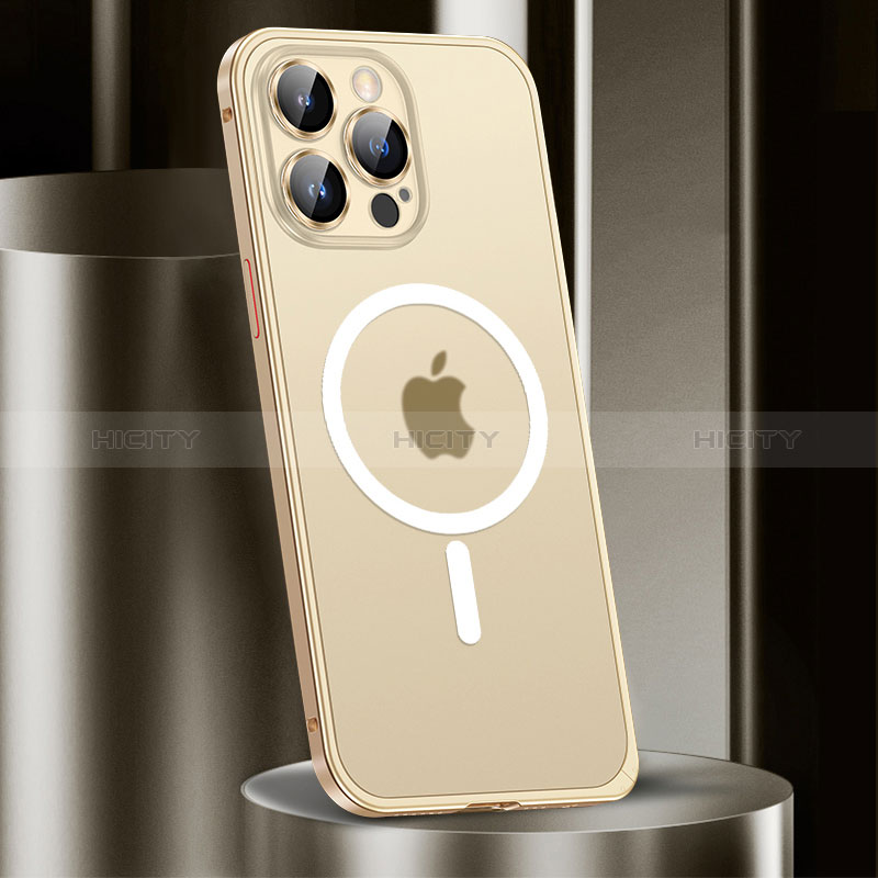 Schutzhülle Luxus Metall Rahmen und Kunststoff Schutzhülle Tasche mit Mag-Safe Magnetic Magnetisch JL2 für Apple iPhone 14 Pro Gold