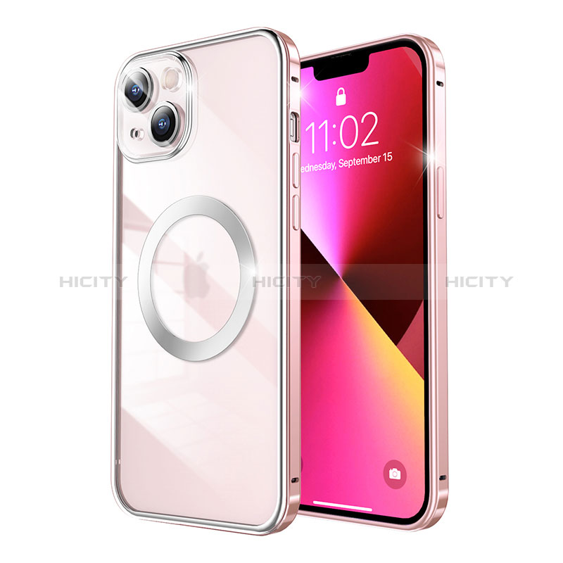 Schutzhülle Luxus Metall Rahmen und Kunststoff Schutzhülle Tasche mit Mag-Safe Magnetic Magnetisch LF3 für Apple iPhone 13 Rosegold