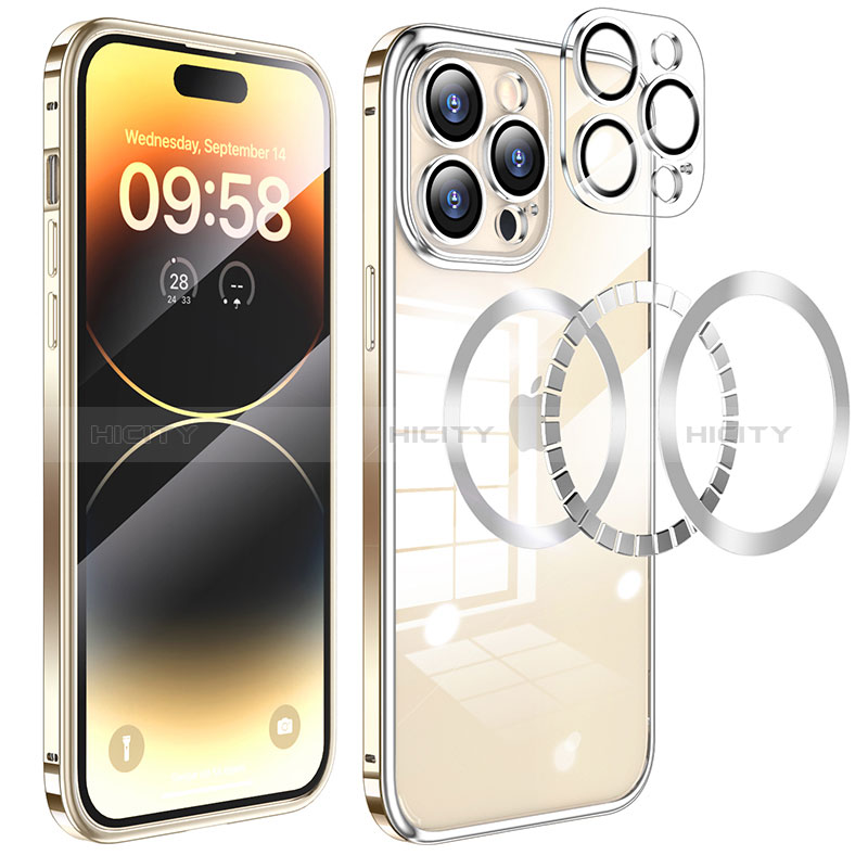 Schutzhülle Luxus Metall Rahmen und Kunststoff Schutzhülle Tasche mit Mag-Safe Magnetic Magnetisch LF3 für Apple iPhone 14 Pro Gold Plus