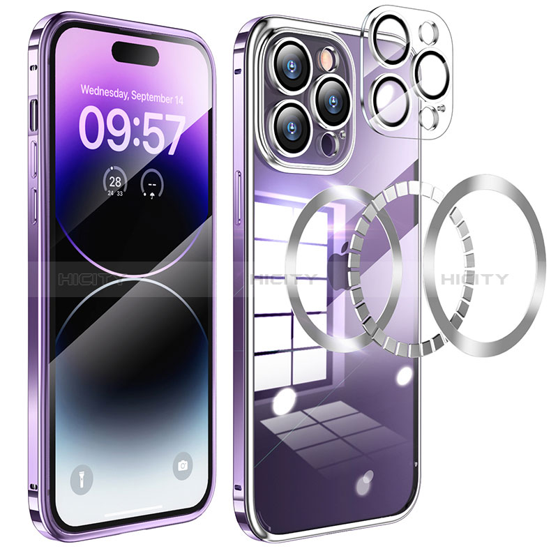 Schutzhülle Luxus Metall Rahmen und Kunststoff Schutzhülle Tasche mit Mag-Safe Magnetic Magnetisch LF3 für Apple iPhone 14 Pro Max Violett Plus