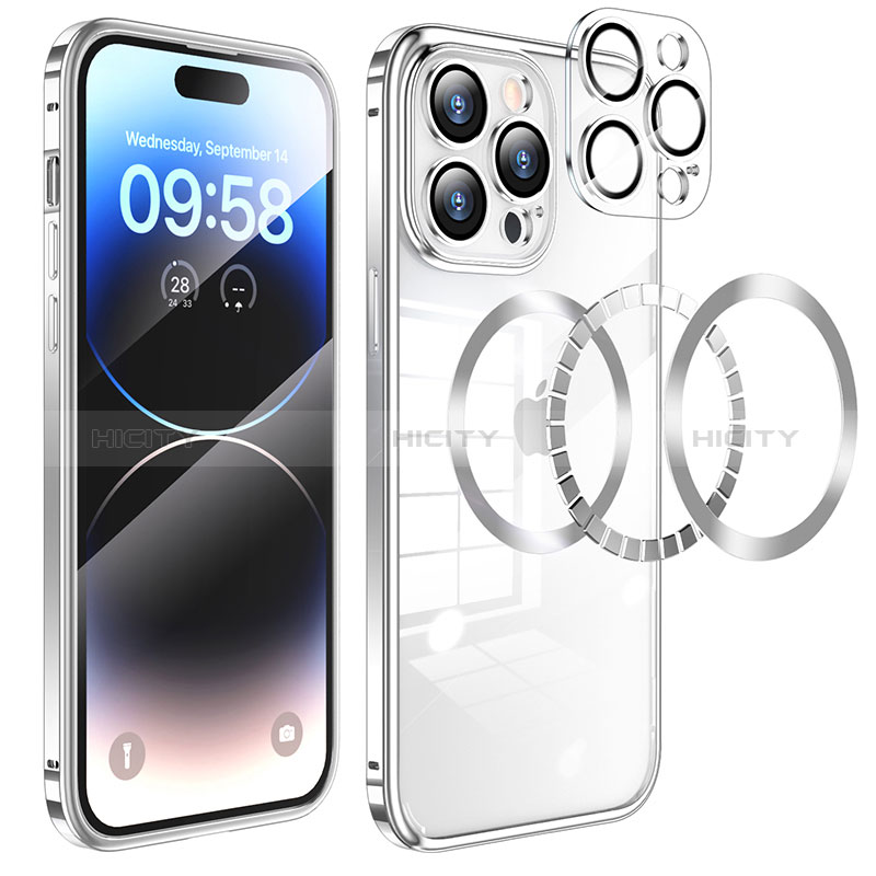 Schutzhülle Luxus Metall Rahmen und Kunststoff Schutzhülle Tasche mit Mag-Safe Magnetic Magnetisch LF3 für Apple iPhone 15 Pro Silber Plus