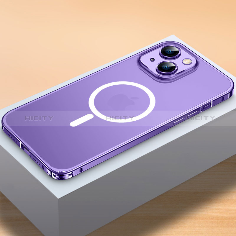 Schutzhülle Luxus Metall Rahmen und Kunststoff Schutzhülle Tasche mit Mag-Safe Magnetic Magnetisch QC2 für Apple iPhone 13 Mini Violett