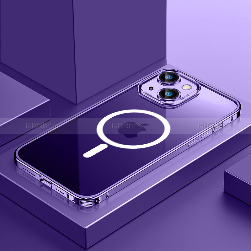 Schutzhülle Luxus Metall Rahmen und Kunststoff Schutzhülle Tasche mit Mag-Safe Magnetic Magnetisch QC3 für Apple iPhone 13 Mini Violett Plus