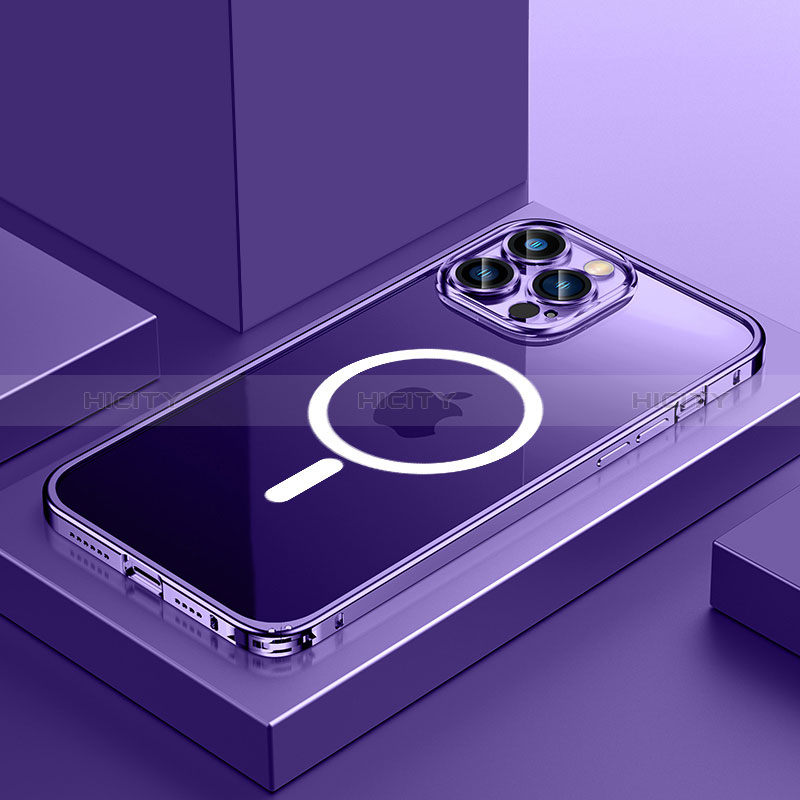 Schutzhülle Luxus Metall Rahmen und Kunststoff Schutzhülle Tasche mit Mag-Safe Magnetic Magnetisch QC3 für Apple iPhone 13 Pro Violett Plus