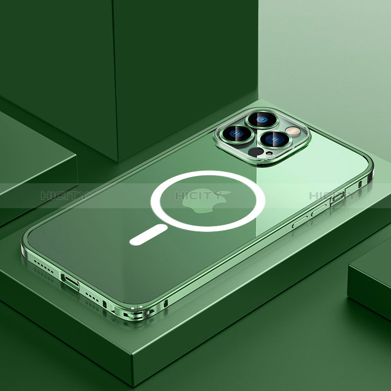 Schutzhülle Luxus Metall Rahmen und Kunststoff Schutzhülle Tasche mit Mag-Safe Magnetic Magnetisch QC3 für Apple iPhone 14 Pro Grün Plus