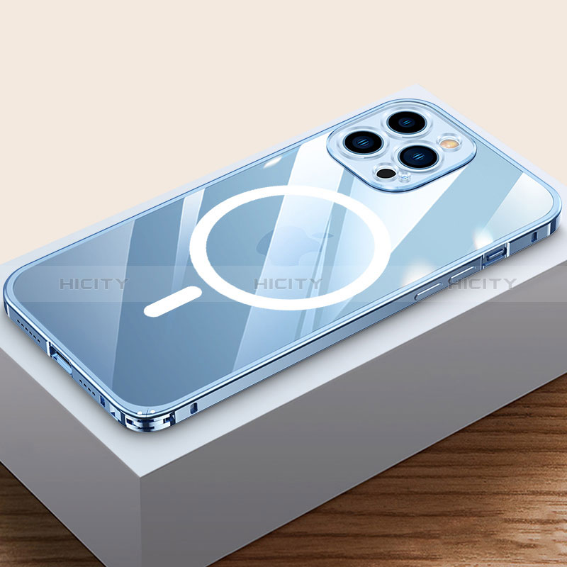Schutzhülle Luxus Metall Rahmen und Kunststoff Schutzhülle Tasche mit Mag-Safe Magnetic Magnetisch QC4 für Apple iPhone 14 Pro Blau