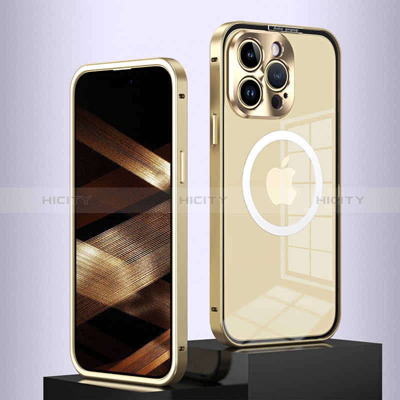 Schutzhülle Luxus Metall Rahmen und Kunststoff Schutzhülle Tasche mit Mag-Safe Magnetic Magnetisch QC5 für Apple iPhone 14 Pro Gold Plus