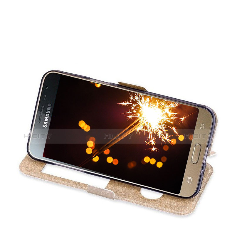 Schutzhülle Stand Tasche Leder für Samsung Galaxy J3 (2016) J320F J3109 Gold groß