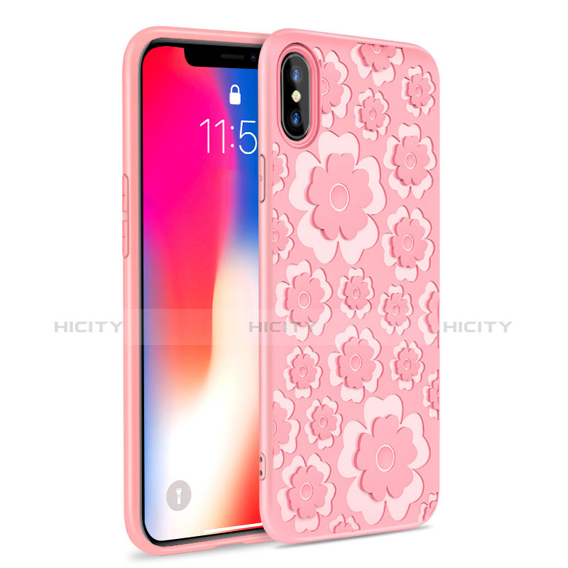 Silikon Hülle Handyhülle Gummi Schutzhülle 3D Blumen für Apple iPhone X Rosa Plus