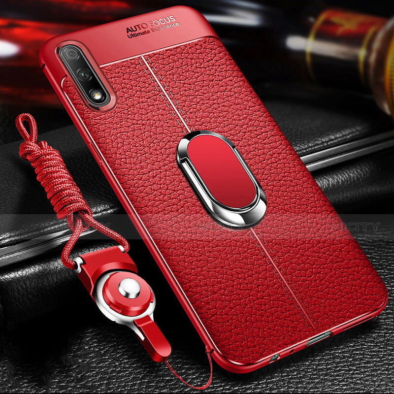 Silikon Hülle Handyhülle Gummi Schutzhülle Flexible Leder Tasche mit Magnetisch Fingerring Ständer für Huawei Enjoy 10 Rot