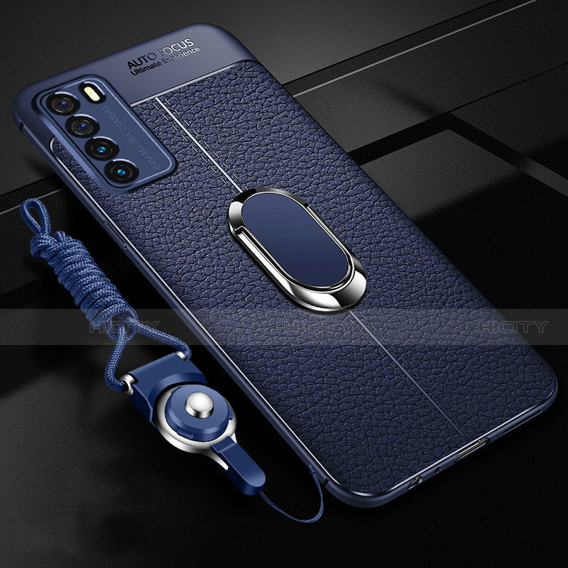 Silikon Hülle Handyhülle Gummi Schutzhülle Flexible Leder Tasche mit Magnetisch Fingerring Ständer für Huawei Honor Play4 5G Blau