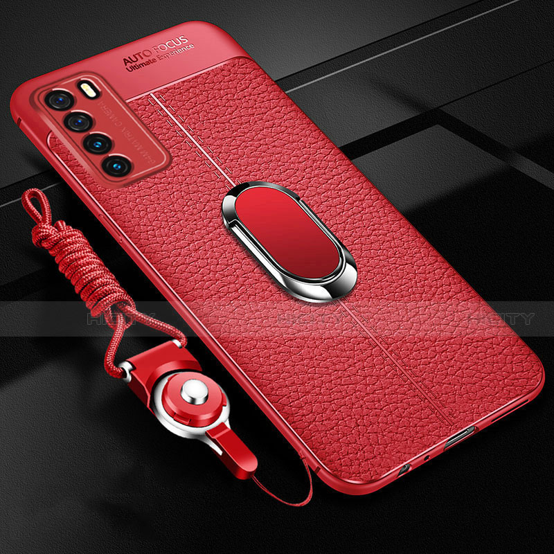 Silikon Hülle Handyhülle Gummi Schutzhülle Flexible Leder Tasche mit Magnetisch Fingerring Ständer für Huawei Honor Play4 5G Rot