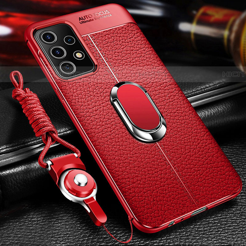 Silikon Hülle Handyhülle Gummi Schutzhülle Flexible Leder Tasche mit Magnetisch Fingerring Ständer für Samsung Galaxy A52 4G Rot Plus