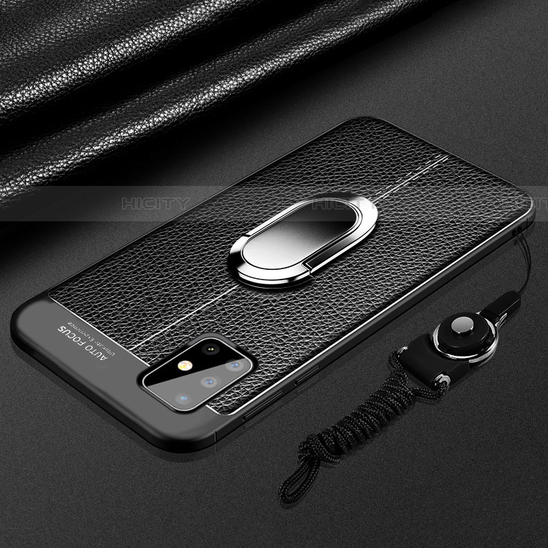 Silikon Hülle Handyhülle Gummi Schutzhülle Flexible Leder Tasche mit Magnetisch Fingerring Ständer für Samsung Galaxy A71 5G Schwarz