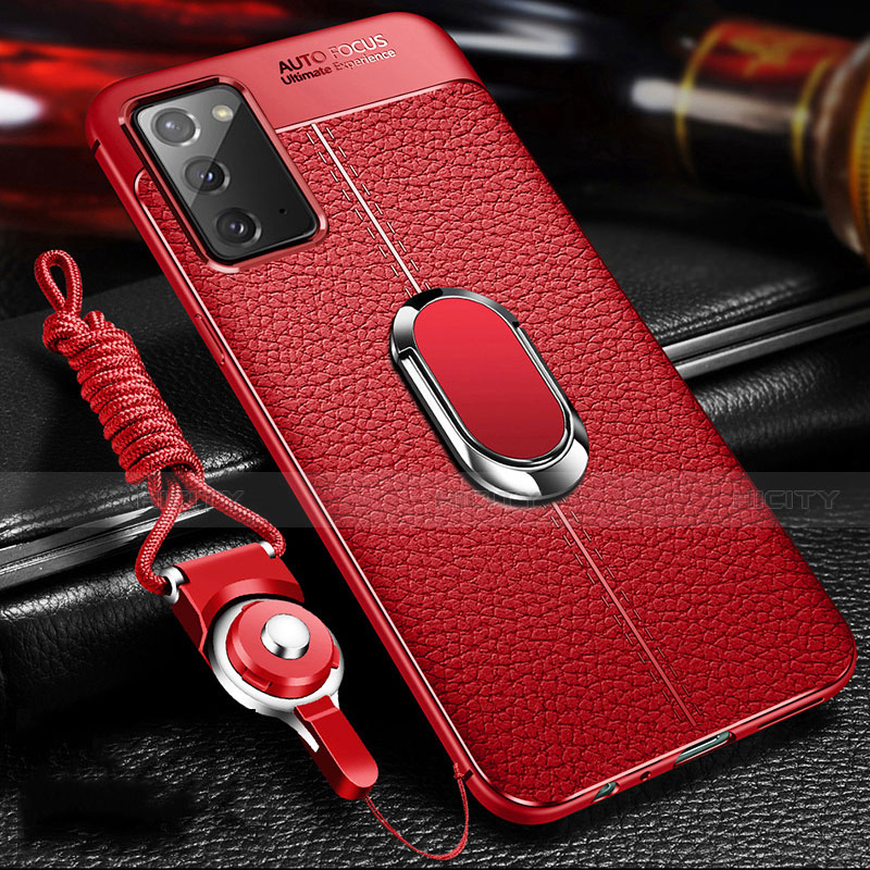 Silikon Hülle Handyhülle Gummi Schutzhülle Flexible Leder Tasche mit Magnetisch Fingerring Ständer N02 für Samsung Galaxy Note 20 5G Rot