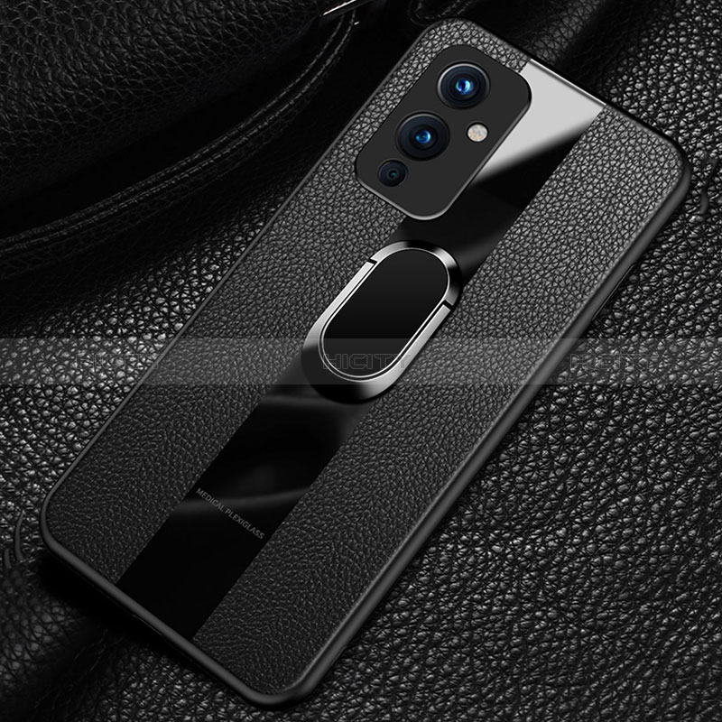 Silikon Hülle Handyhülle Gummi Schutzhülle Flexible Leder Tasche mit Magnetisch Fingerring Ständer PB1 für OnePlus 9 5G groß