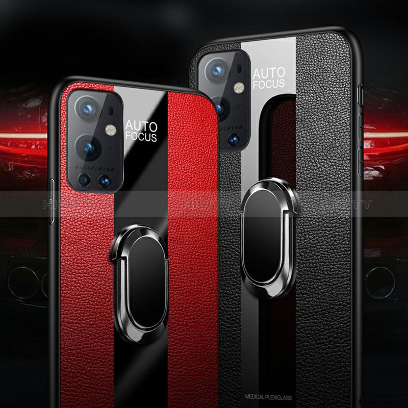 Silikon Hülle Handyhülle Gummi Schutzhülle Flexible Leder Tasche mit Magnetisch Fingerring Ständer PB1 für OnePlus 9 Pro 5G groß