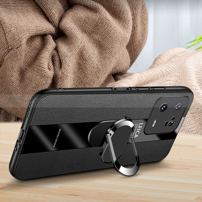 Silikon Hülle Handyhülle Gummi Schutzhülle Flexible Leder Tasche mit Magnetisch Fingerring Ständer PB1 für Xiaomi Mi 13 Pro 5G