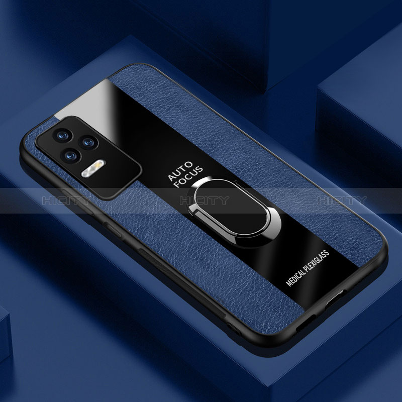 Silikon Hülle Handyhülle Gummi Schutzhülle Flexible Leder Tasche mit Magnetisch Fingerring Ständer PB1 für Xiaomi Poco F4 5G Blau