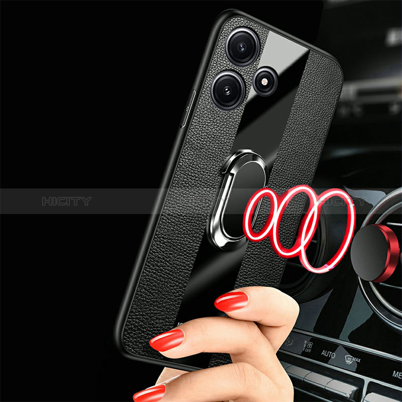 Silikon Hülle Handyhülle Gummi Schutzhülle Flexible Leder Tasche mit Magnetisch Fingerring Ständer PB1 für Xiaomi Redmi 12 5G groß