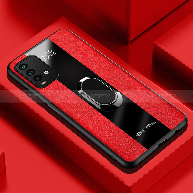 Silikon Hülle Handyhülle Gummi Schutzhülle Flexible Leder Tasche mit Magnetisch Fingerring Ständer PB1 für Xiaomi Redmi 9 Power Rot Plus