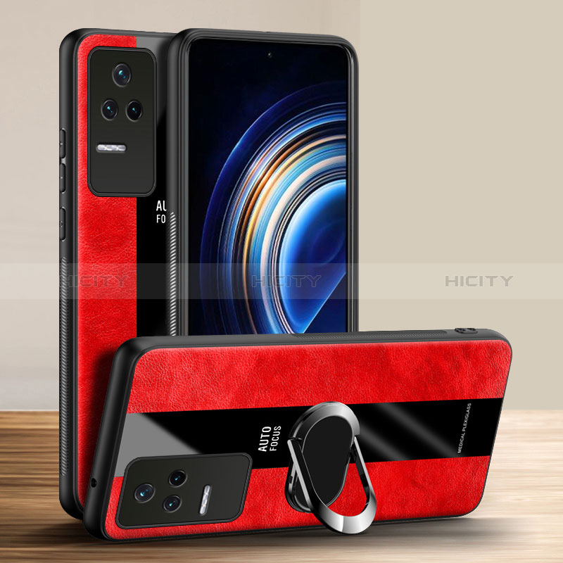 Silikon Hülle Handyhülle Gummi Schutzhülle Flexible Leder Tasche mit Magnetisch Fingerring Ständer PB1 für Xiaomi Redmi K50 5G Rot Plus