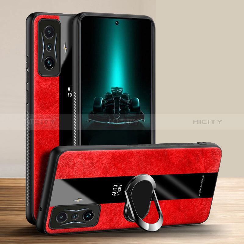 Silikon Hülle Handyhülle Gummi Schutzhülle Flexible Leder Tasche mit Magnetisch Fingerring Ständer PB1 für Xiaomi Redmi K50 Gaming 5G Rot