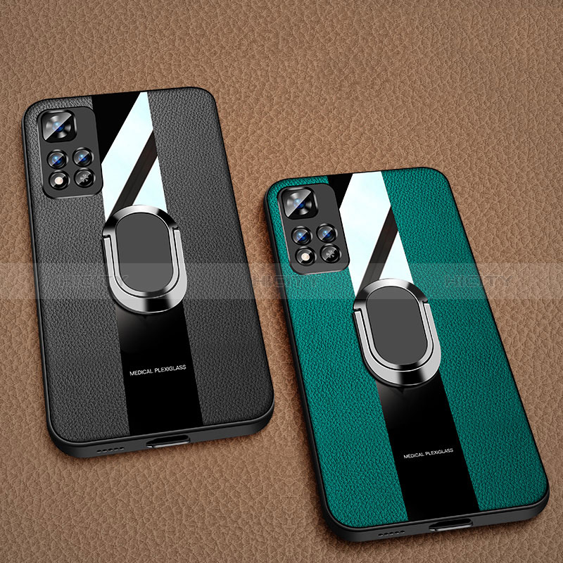 Silikon Hülle Handyhülle Gummi Schutzhülle Flexible Leder Tasche mit Magnetisch Fingerring Ständer PB2 für Xiaomi Redmi Note 11 5G groß