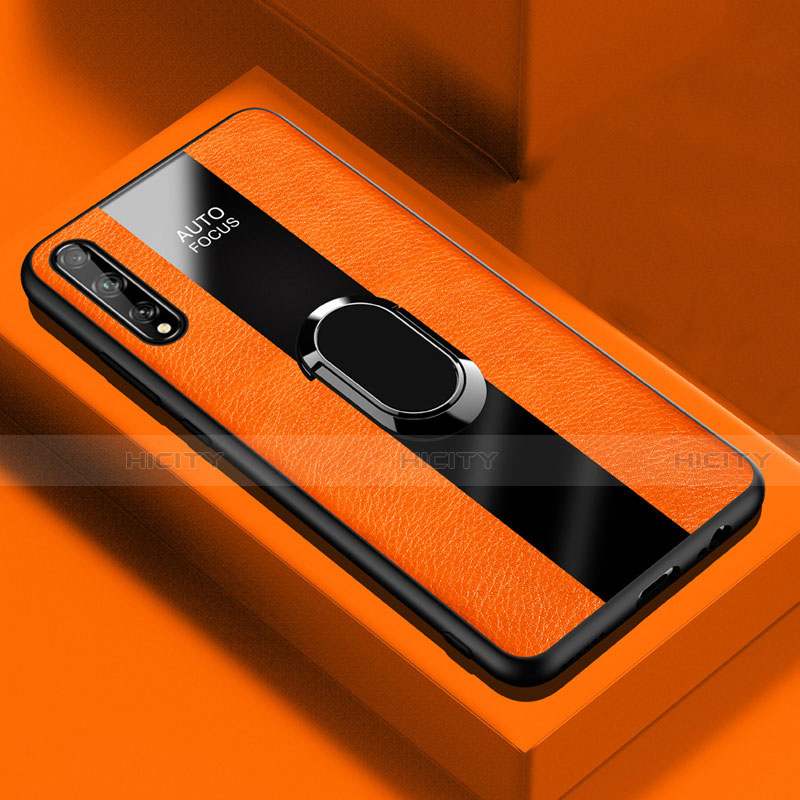 Silikon Hülle Handyhülle Gummi Schutzhülle Flexible Leder Tasche mit Magnetisch Fingerring Ständer S01 für Huawei Enjoy 10S Orange