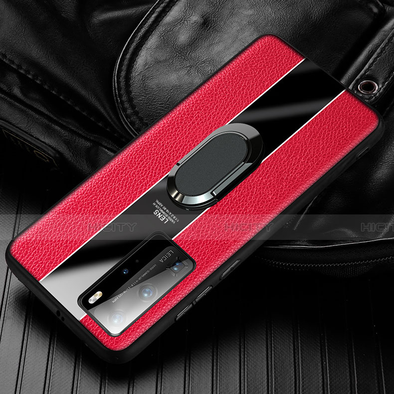 Silikon Hülle Handyhülle Gummi Schutzhülle Flexible Leder Tasche mit Magnetisch Fingerring Ständer S01 für Huawei Honor 30 Rot Plus