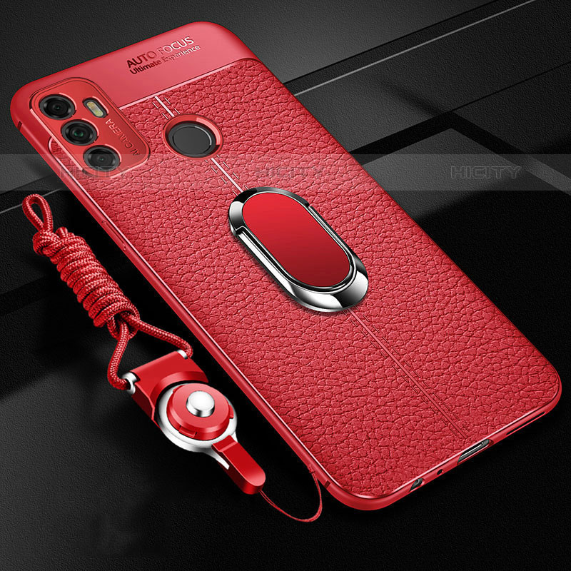 Silikon Hülle Handyhülle Gummi Schutzhülle Flexible Leder Tasche mit Magnetisch Fingerring Ständer S01 für Oppo A11s Rot Plus