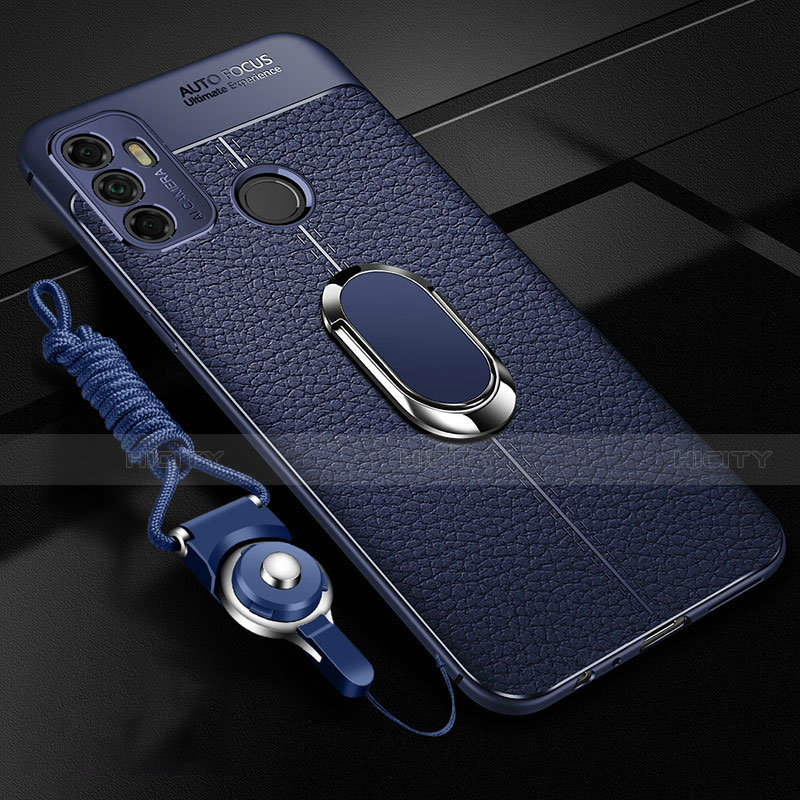 Silikon Hülle Handyhülle Gummi Schutzhülle Flexible Leder Tasche mit Magnetisch Fingerring Ständer S01 für Oppo A32 Blau