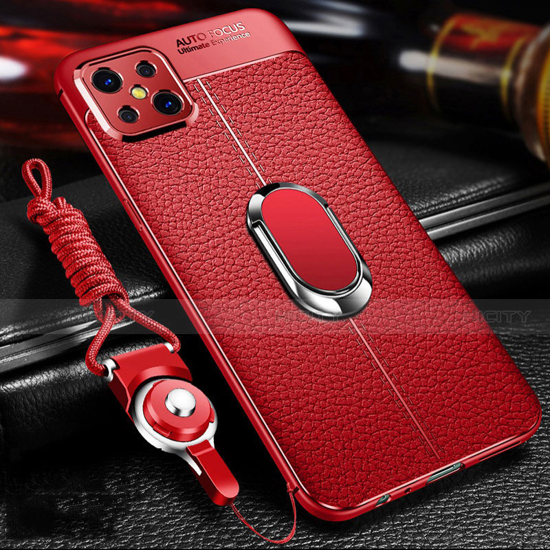 Silikon Hülle Handyhülle Gummi Schutzhülle Flexible Leder Tasche mit Magnetisch Fingerring Ständer S01 für Oppo A92s 5G Rot