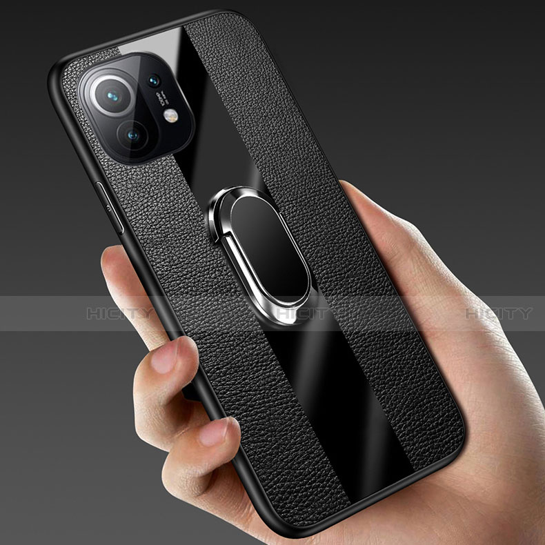 Silikon Hülle Handyhülle Gummi Schutzhülle Flexible Leder Tasche mit Magnetisch Fingerring Ständer S01 für Xiaomi Mi 11 Lite 5G groß