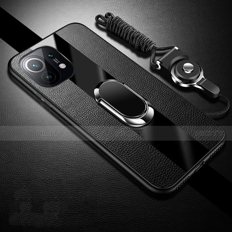 Silikon Hülle Handyhülle Gummi Schutzhülle Flexible Leder Tasche mit Magnetisch Fingerring Ständer S01 für Xiaomi Mi 11 Lite 5G Schwarz Plus