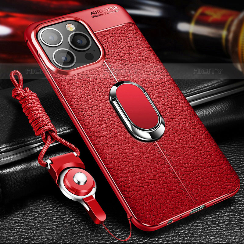 Silikon Hülle Handyhülle Gummi Schutzhülle Flexible Leder Tasche mit Magnetisch Fingerring Ständer S02 für Apple iPhone 15 Pro Rot