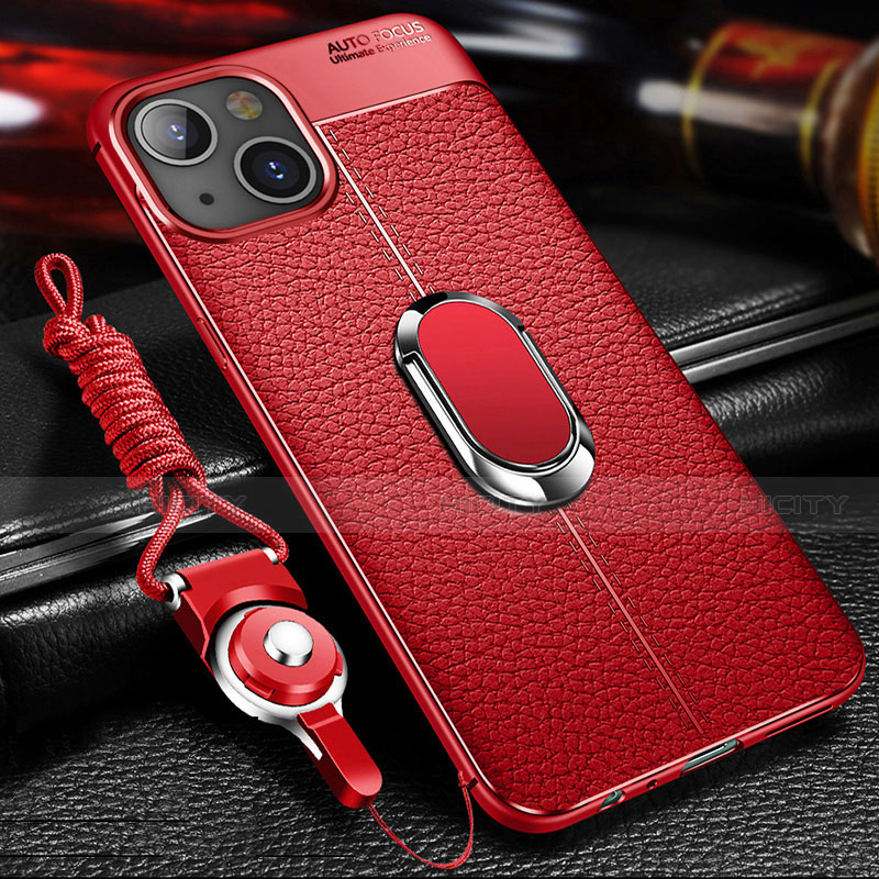 Silikon Hülle Handyhülle Gummi Schutzhülle Flexible Leder Tasche mit Magnetisch Fingerring Ständer S02 für Apple iPhone 15 Rot Plus