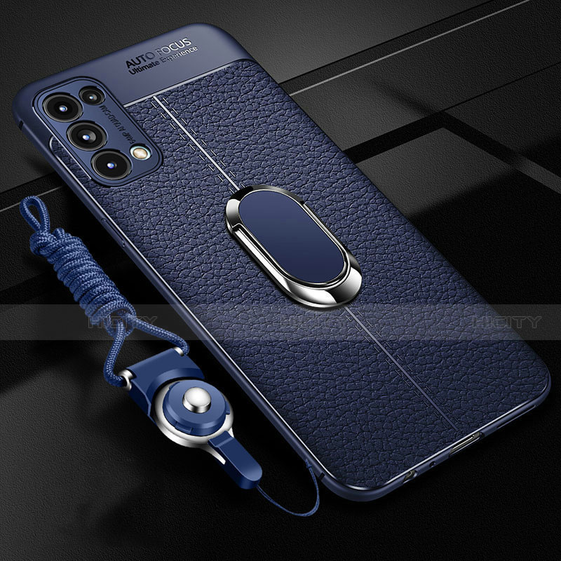 Silikon Hülle Handyhülle Gummi Schutzhülle Flexible Leder Tasche mit Magnetisch Fingerring Ständer S02 für Oppo Reno5 Pro 5G Blau