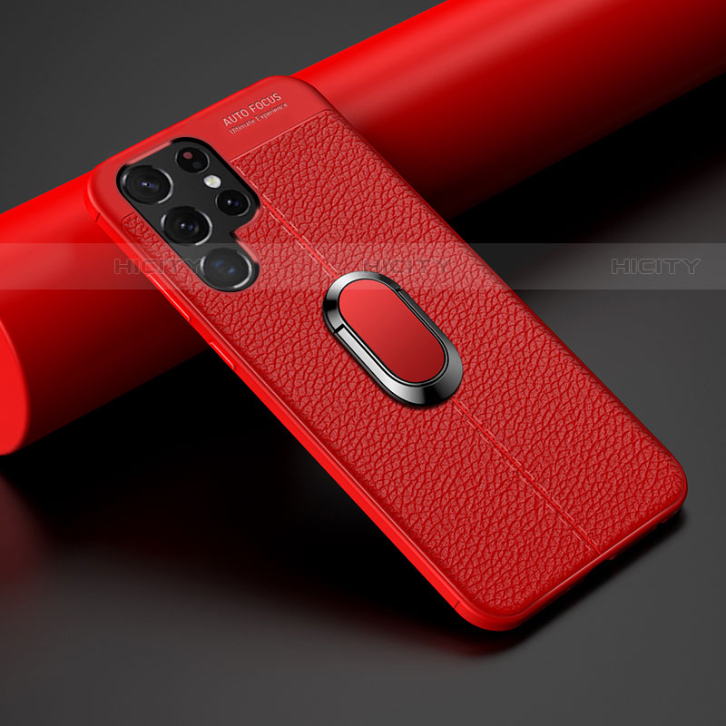 Silikon Hülle Handyhülle Gummi Schutzhülle Flexible Leder Tasche mit Magnetisch Fingerring Ständer S02 für Samsung Galaxy S21 Ultra 5G Rot