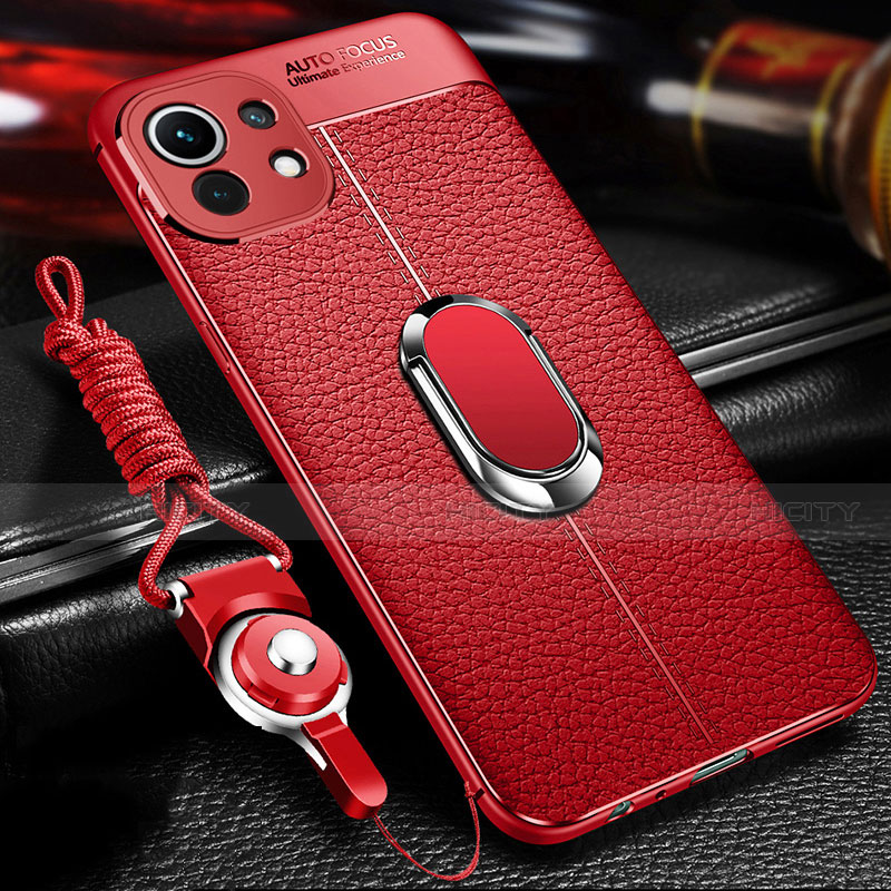 Silikon Hülle Handyhülle Gummi Schutzhülle Flexible Leder Tasche mit Magnetisch Fingerring Ständer S02 für Xiaomi Mi 11 5G Rot