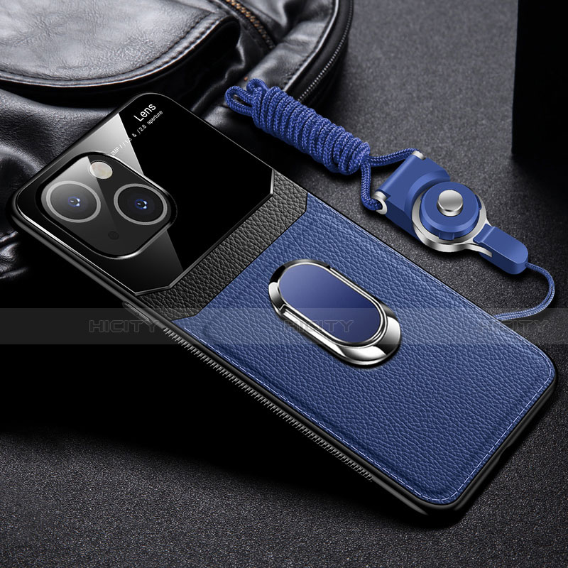 Silikon Hülle Handyhülle Gummi Schutzhülle Flexible Leder Tasche mit Magnetisch Fingerring Ständer S03 für Apple iPhone 15 Blau Plus