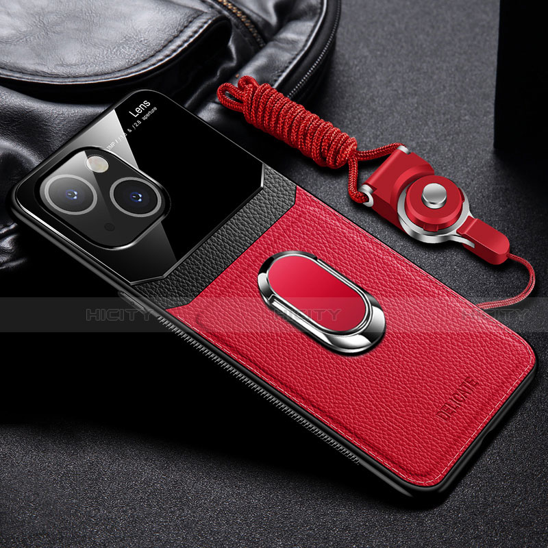 Silikon Hülle Handyhülle Gummi Schutzhülle Flexible Leder Tasche mit Magnetisch Fingerring Ständer S03 für Apple iPhone 15 Rot Plus