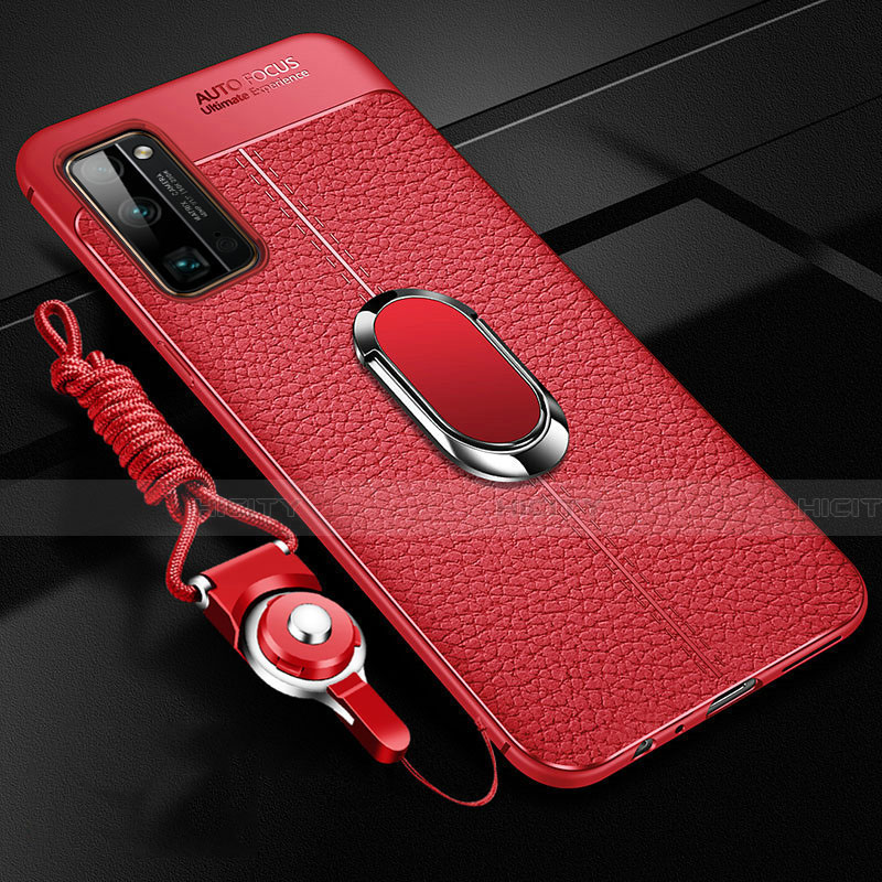 Silikon Hülle Handyhülle Gummi Schutzhülle Flexible Leder Tasche mit Magnetisch Fingerring Ständer S03 für Huawei Honor 30 Pro Rot