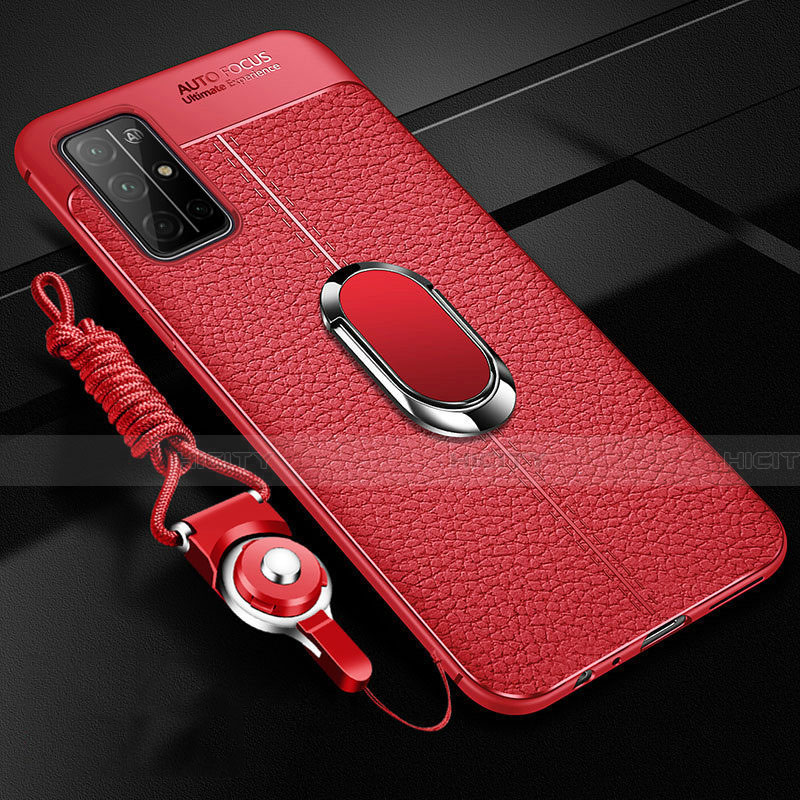 Silikon Hülle Handyhülle Gummi Schutzhülle Flexible Leder Tasche mit Magnetisch Fingerring Ständer S03 für Huawei Honor 30S Rot