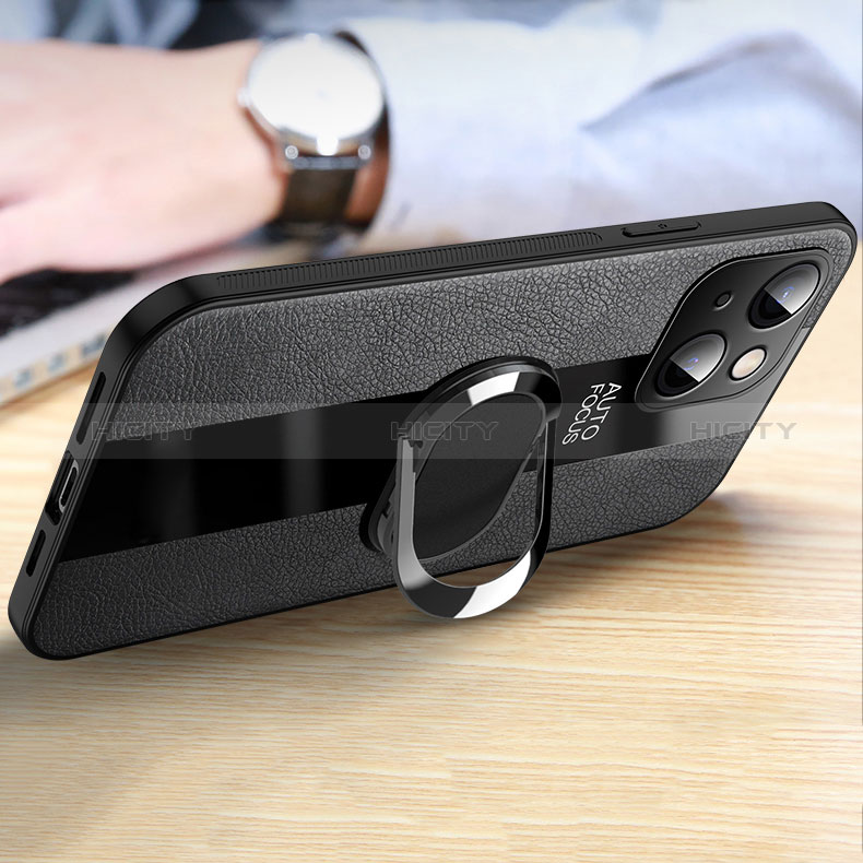 Silikon Hülle Handyhülle Gummi Schutzhülle Flexible Leder Tasche mit Magnetisch Fingerring Ständer S04 für Apple iPhone 15 groß